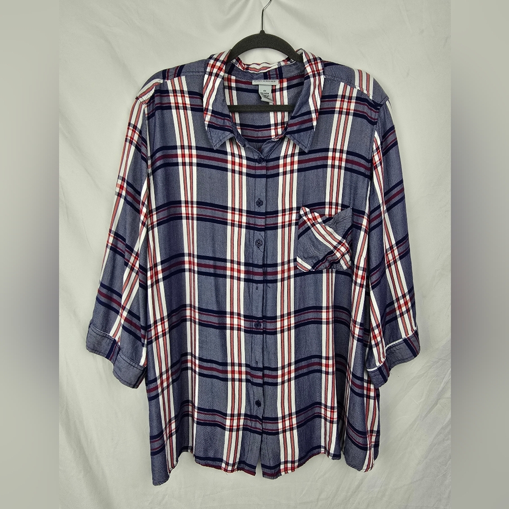 Catherines Plaid Blue Button-Up Rodeo Cottagecore 3/4 Sleeve Top sz 4X